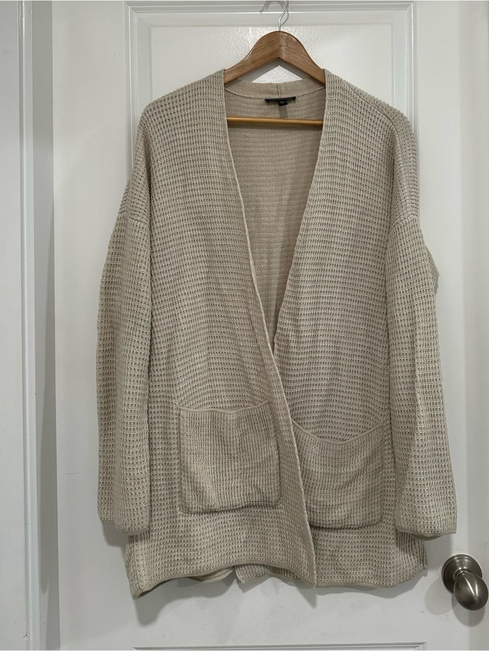 Eileen Fisher Cream Waffle-Knit Open Cardigan Organic Cotton Blend Size Large